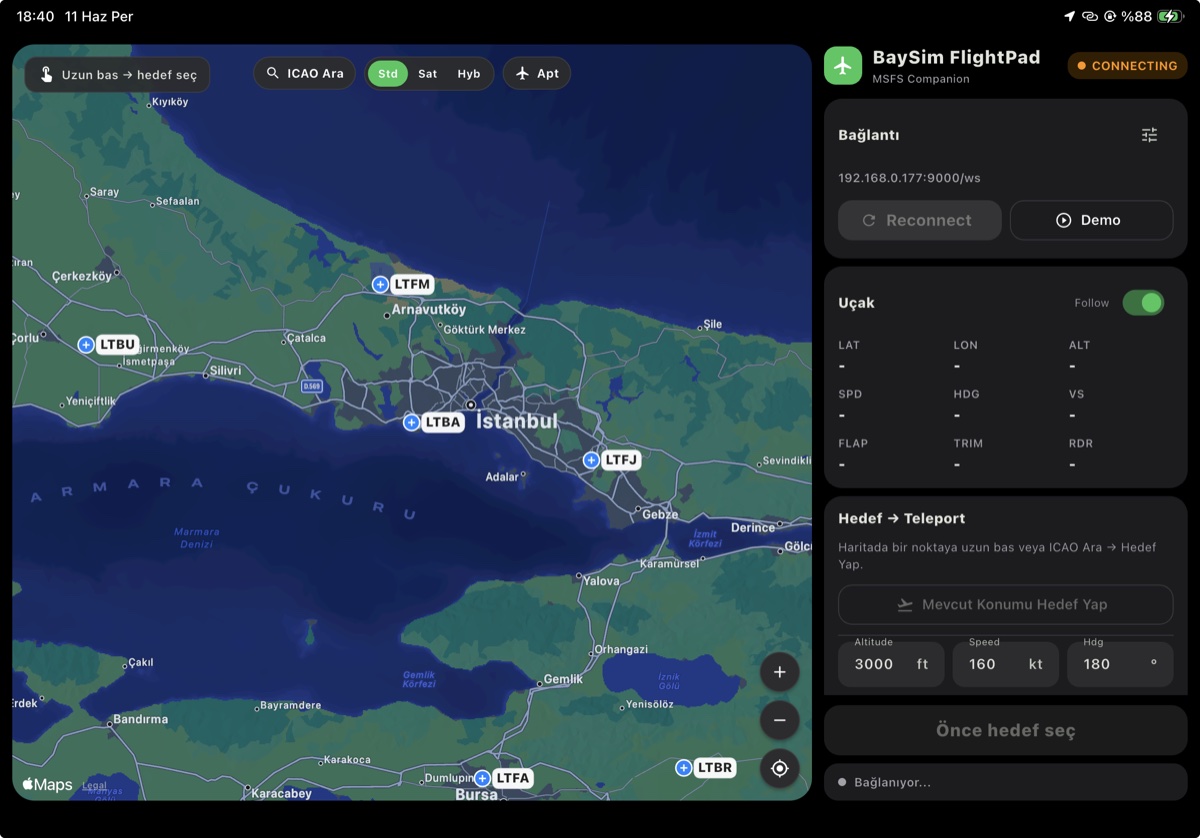 BaySim FlightPad in dark mode: a dark Apple map of Istanbul with airport markers, and the connection panel showing the Bridge address