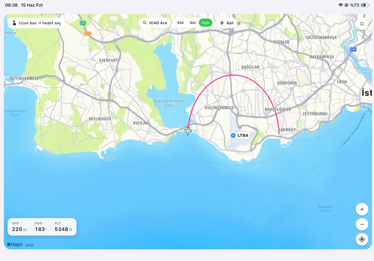 Hybrid day map of Istanbul with a white aircraft marker and its magenta flight trail near LTBA